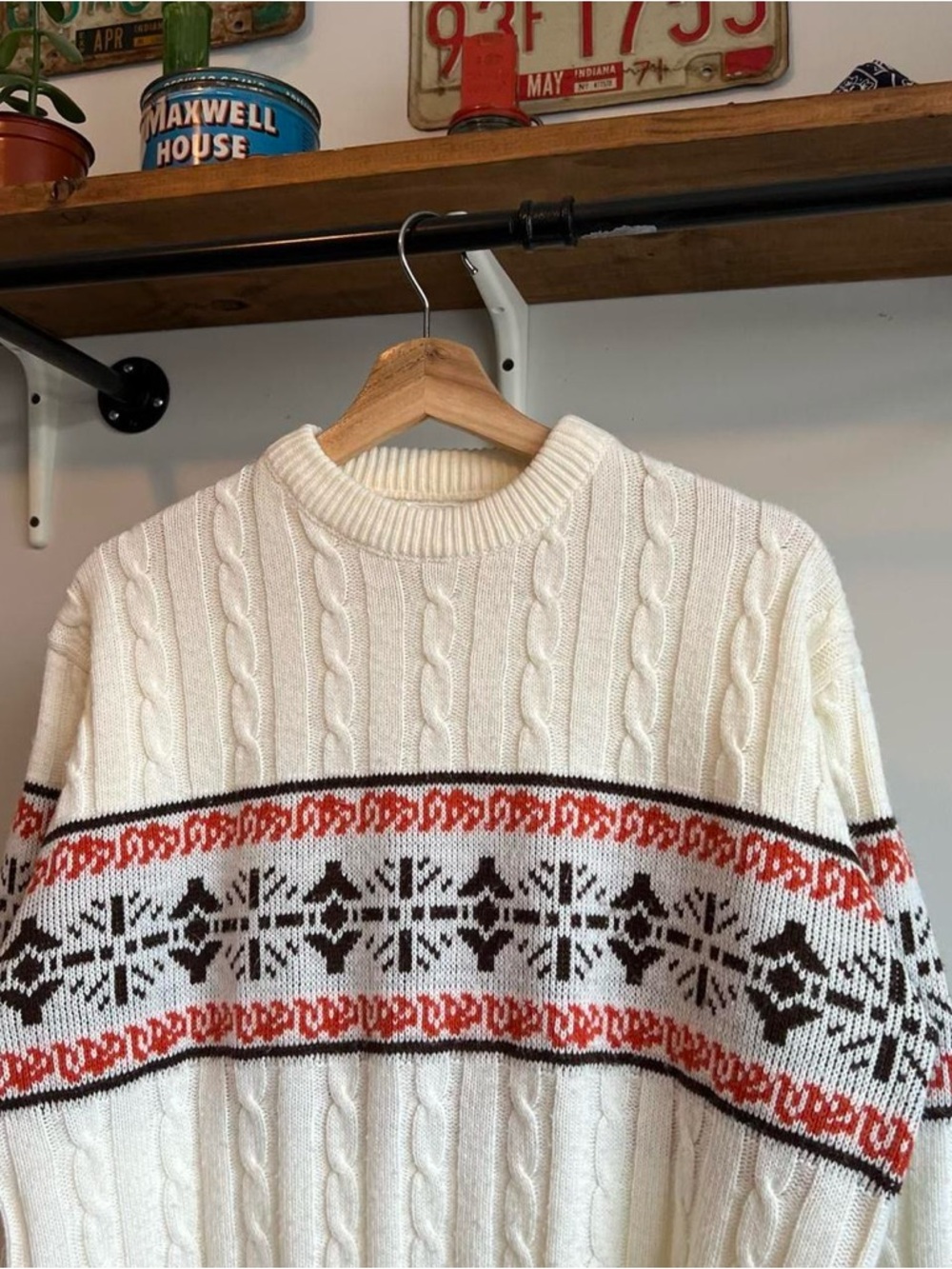 Classic Cable Knit Crewneck Sweater in Cream with Brown & Rust Pattern